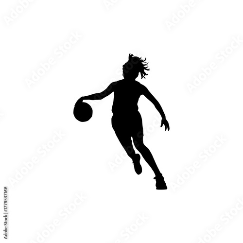Silhouette of a female basketball player dribbling the ball on a white background