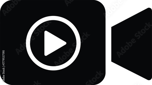 Simple black and white video camera icon with a play button inside a circle