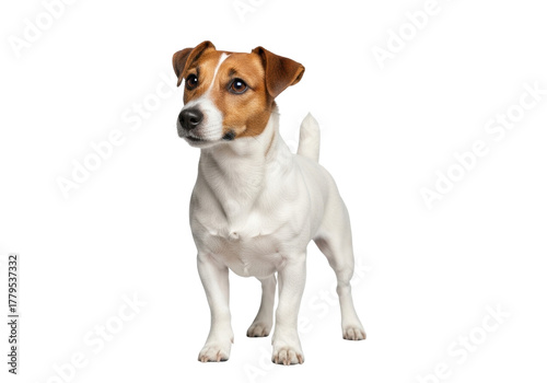 Alert Jack Russell Terrier dog isolated PNG, standing attentively with a curious expression on transparent background