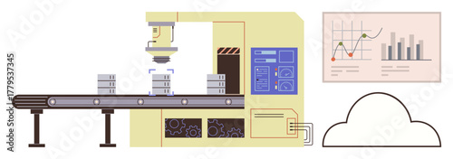 Robotic machine stacking items on a conveyor, connected to cloud and analytics display. Ideal for automation, technology, production, manufacturing, data monitoring, innovation, industrial design