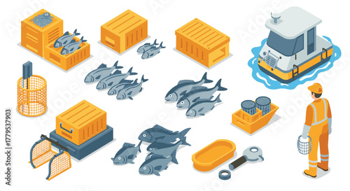 Isometric fishing industry illustration with fish, equipment, and boat