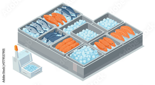 Fresh seafood market display with ice in isometric view for modern retail design