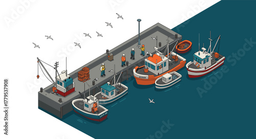 Isometric port scene with fishing boats and fishermen on a pier