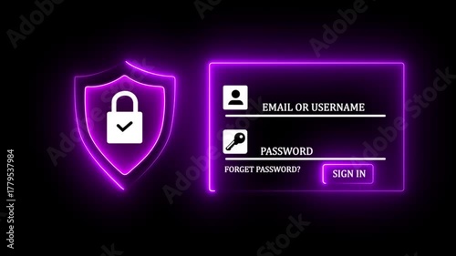 Glowing neon Cybersecurity Secure Login System concept on the black background. user accessing password on secure login for data privacy identity protection. 4k video motion graphic animation