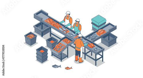 Isometric fish processing plant with workers on conveyor belt
