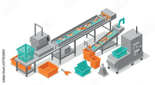 Automated assembly line with conveyor belt and modern machinery in isometric view