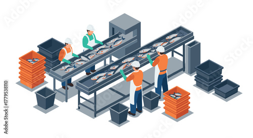 Isometric fish processing factory with workers and conveyor belts
