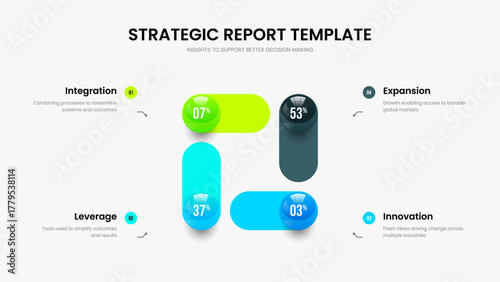 Modern Development Slide Layout Vector Illustration. Enterprise Proposal Four Element Chart Slideshow Design. Simple Overview 4 Option Infographic Presentation Template.