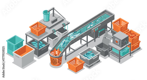 Isometric fish processing plant diagram with conveyor belt and sorting baskets