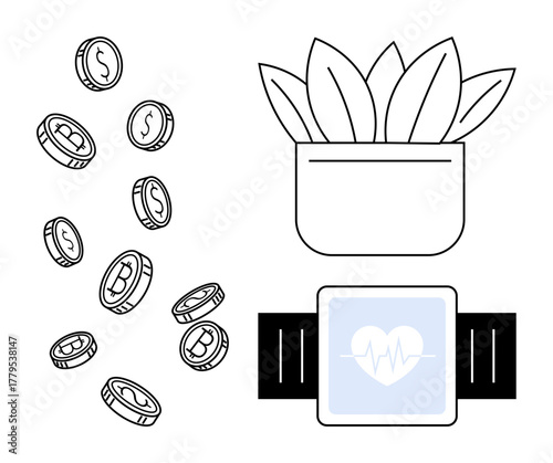 Falling coins with dollar and bitcoin signs, a smartwatch with heart rate monitor, and a potted plant. Ideal for finance, cryptocurrency, health, technology, eco-living, sustainability future
