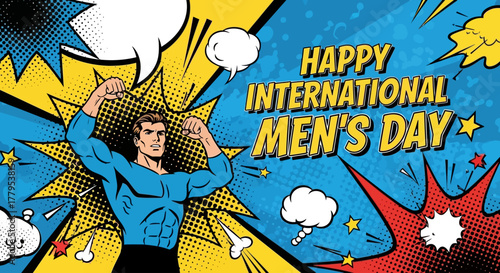 Happy International Men s Day Vector Design with Superhero Flexing Muscles