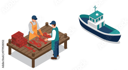 Lobster fishing scene with workers processing catch on dock near fishing boat in isometric style