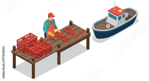 Fisherman preparing lobsters on dock with boat nearby in isometric style