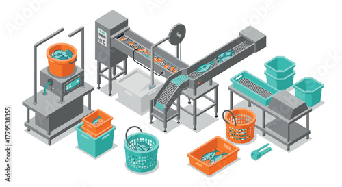 Isometric fish processing factory with automated conveyor system