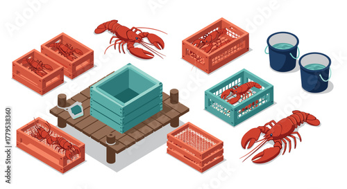 Isometric lobster fishing scene with crates and buckets on a wooden dock