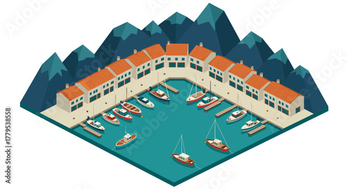 Isometric mediterranean marina with colorful boats and buildings