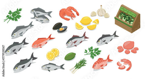Fresh seafood selection with herbs in isometric style