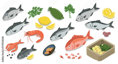 Isometric seafood and herbs collection including fish, shrimp, lemons, and herbs