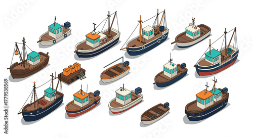 Collection of isometric fishing boats and ships in various styles and colors