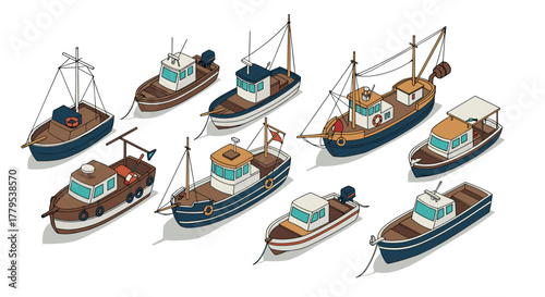 Nautical collection of classic boats in isometric style on white background