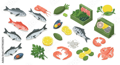 Fresh seafood and ingredients in isometric style with fish, shellfish, and vegetables