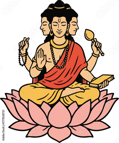 vector Illustration of Hindu God Brahma with Three Faces