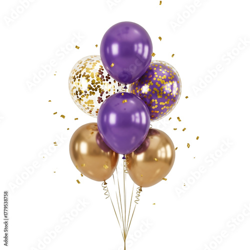 Festive Purple and Gold Balloons with Confetti