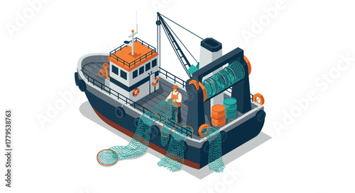 Isometric fishing trawler with nets and equipment in detailed maritime design