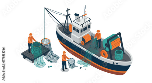 Isometric fishing boat with workers handling nets on deck