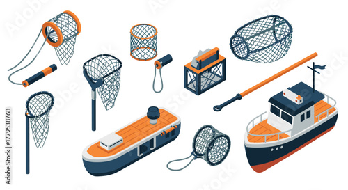 Isometric fishing tools and boats set nets, trawlers, and equipment in blue and orange