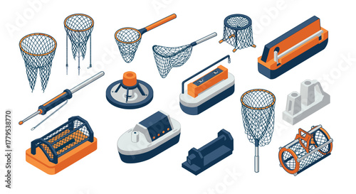 Isometric fishing equipment and accessories collection