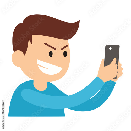 Man Taking Secret Photo in Public with Evil Smile: Smartphone Privacy Violation Concept