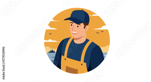 Smiling fisherman in cap and overalls at sea with orange sky and seagulls