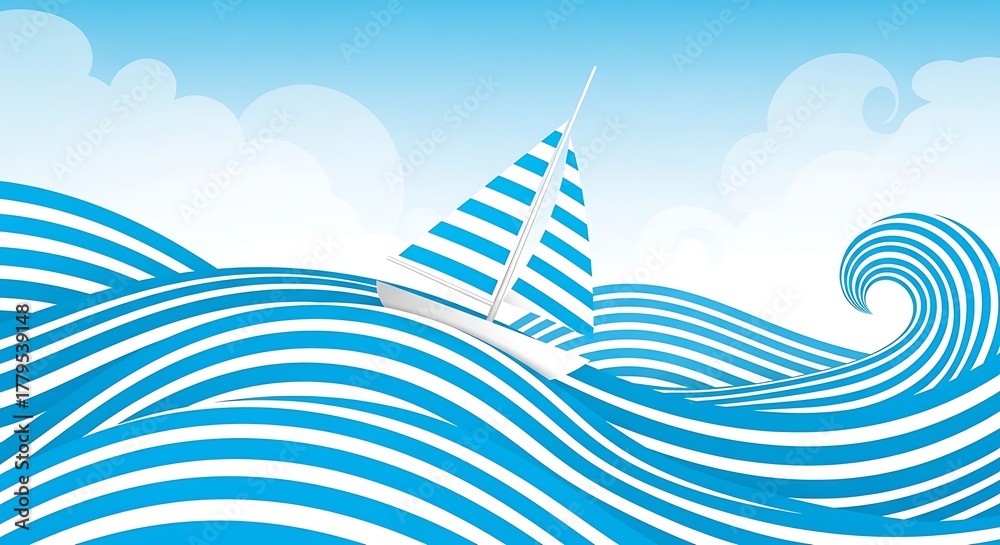 Naklejka premium Stylized sailboat on blue and white striped ocean waves under sky