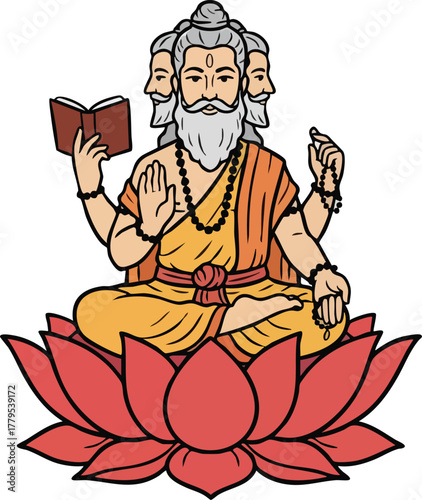 vector Illustration of Hindu God Brahma with Three Faces
