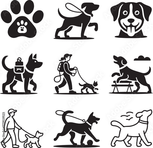 Nine Detailed Pet Walking Service Icons with Transparent Background dog walking pet care