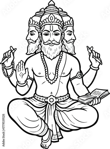 vector Illustration of Hindu God Brahma with Three Faces