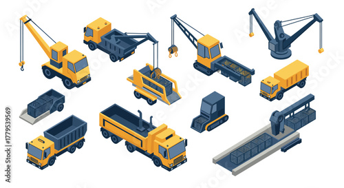Isometric heavy machinery set featuring cranes, trucks, and excavators for industrial design projects