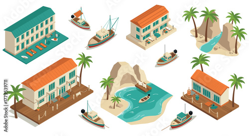 Isometric coastal resort collection with beachfront villas and boats
