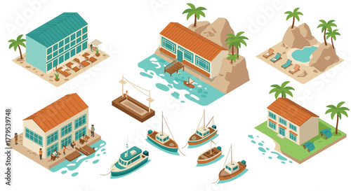 Tropical island resort set with cozy beach houses and boats in isometric style