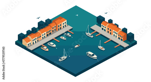 Isometric harbor scene with boats and coastal buildings in geometric style
