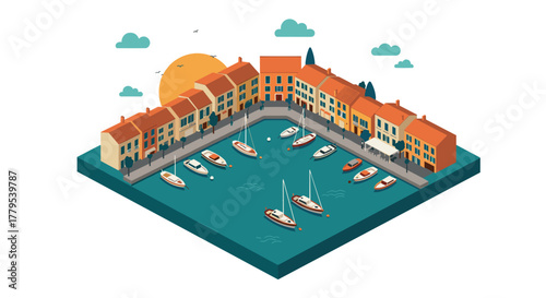 Isometric coastal town with boats and sunset scene