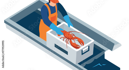 Isometric fisherman handling lobster on boat conveyor