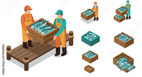 Isometric fishermen carrying crates of fresh fish on a wooden pier