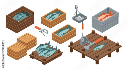 Isometric fish processing scene with equipment and wooden crates