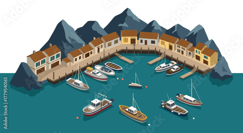 Charming coastal village harbour with boats and colorful houses in isometric style