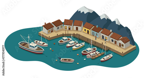 Charming isometric coastal town with fishing boats and mountains