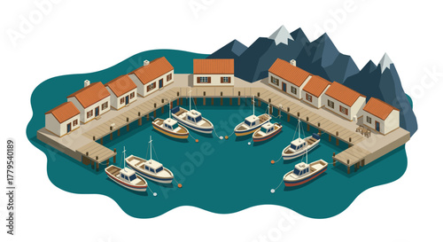 Charming isometric marina with boats and vintage houses by the mountainside