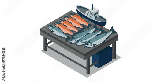 Freshly caught fish displayed on market table with fishing boat nearby