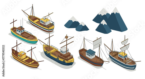 Isometric colorful fishing boats with mountain background